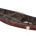 Traditional Red Wooden Boat With Fishing Net White Buoys And Wooden Structure
