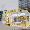 Yellow And White Open Supermarket Retail Kiosk With Fruits Snacks Product Display And Menu Boards
