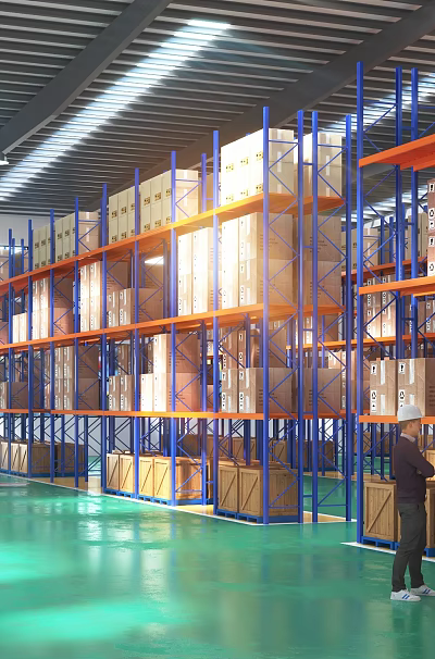 Efficient Industrial Warehouse With Metal Racking Cartons Worker Forklift And Green Floor 3d model