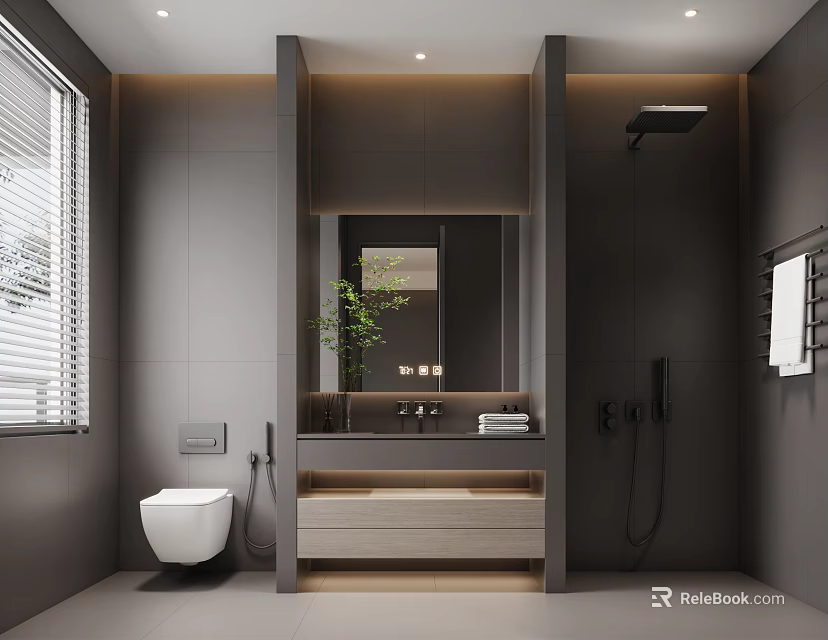 Modern Gray Bathroom Interior With Mirror Sink Toilet Shower And Plants 3d model 