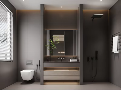 Modern Gray Bathroom Interior With Mirror Sink Toilet Shower And Plants 3d model