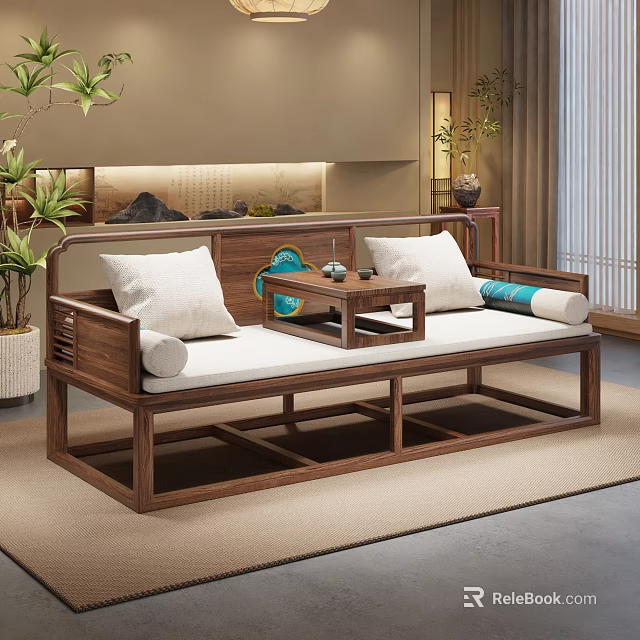 Chinese Traditional Wooden Luohan Bed With White Cushions And Side Tea Table 3d model 
