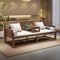 Chinese Traditional Wooden Luohan Bed With White Cushions And Side Tea Table