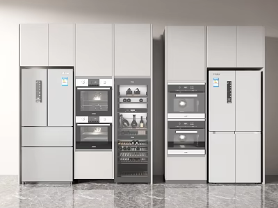 Modern Kitchen Interior With Built in Refrigerator Freezer And White Cabinets 3d model