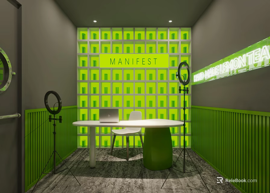 Public Office Space With Green Grid Pattern Wall Manifest Lettering White Round Table And Laptop 3d model 