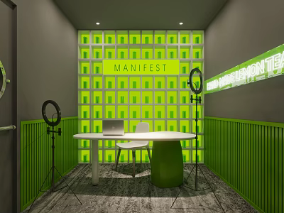 Public Office Space With Green Grid Pattern Wall Manifest Lettering White Round Table And Laptop 3d model