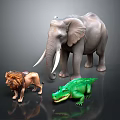 Wild Animals Display Featuring Elephant Lion And Crocodile On Dark Background 3d model