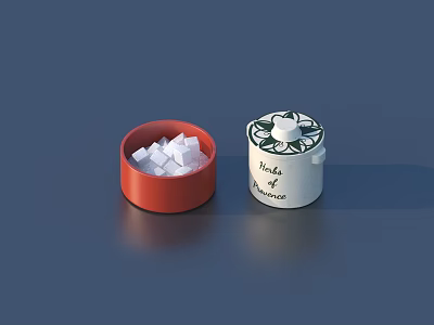 Red Bowl With White Cubes And White Lidded Jar With Fresh And More Floral Pattern 3d model