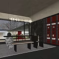 Modern Tea Room Interior Design With Large Windows Pendant Lights Stone Decor And Wooden Bookshelves