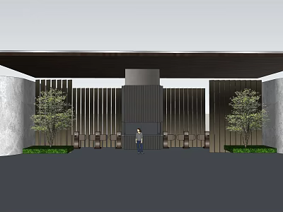 Modern Entrance Gate With Slatted Metal Panels Columns And Green Plants 3d model
