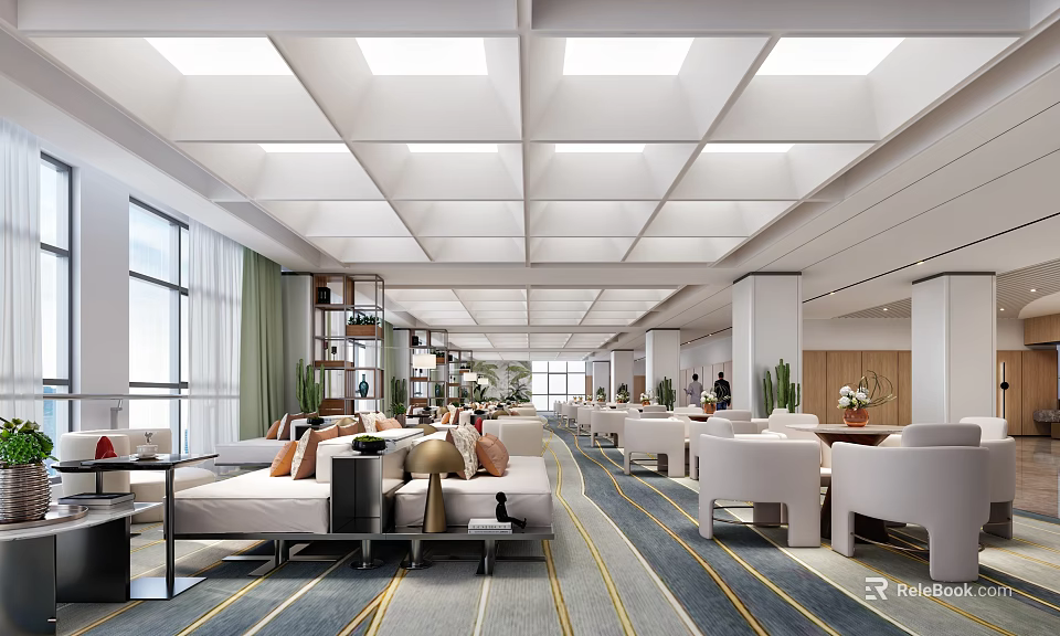 Spacious Modern Lounge Area With Bright Lighting Large Windows Sofas Green Plants And Coffee Tables 3d model