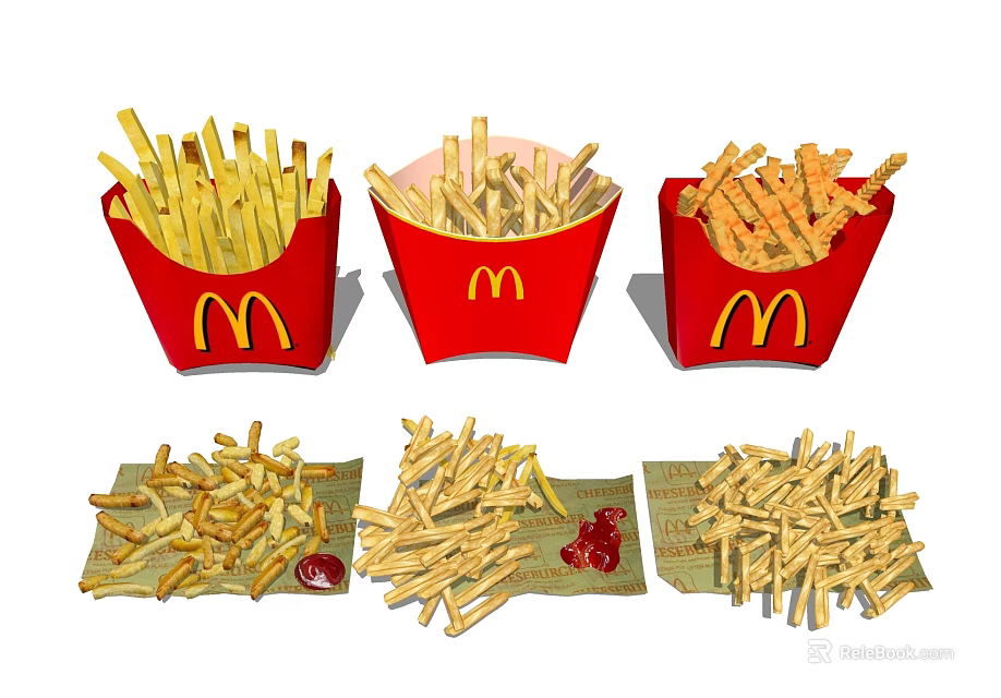 McDonald's French Fries In Red Containers With Scattered Pieces And Ketchup Packets 3d model 