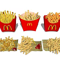 McDonald's French Fries In Red Containers With Scattered Pieces And Ketchup Packets