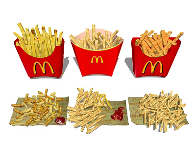 McDonald's French Fries In Red Containers With Scattered Pieces And Ketchup Packets 3d model