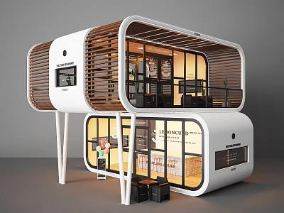 Modern Two Story Display Building With Glass Windows Wooden Accents And White Frame 3d model