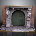 Antique Green Double Door With Arched Design Statues On Red Brick Walls And Stone Base