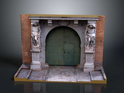 Antique Green Double Door With Arched Design Statues On Red Brick Walls And Stone Base 3d model