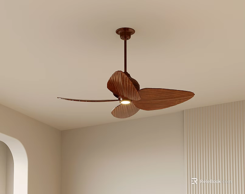 Natural Wooden Blade Ceiling Fan Installed In Room With Arched Door And Striped Wall Interior 3d model 