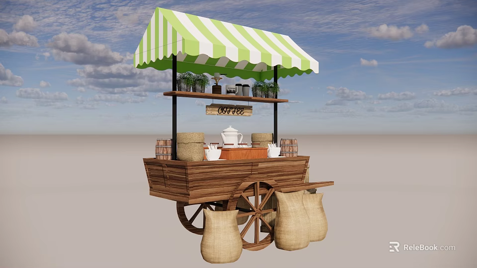 Wooden Coffee Cart with Green and White Striped Awning Wheels Coffee Items and Sacks 3d model 