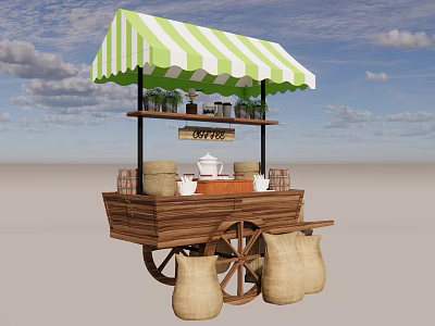 Wooden Coffee Cart with Green and White Striped Awning Wheels Coffee Items and Sacks 3d model