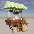 Wooden Coffee Cart with Green and White Striped Awning Wheels Coffee Items and Sacks