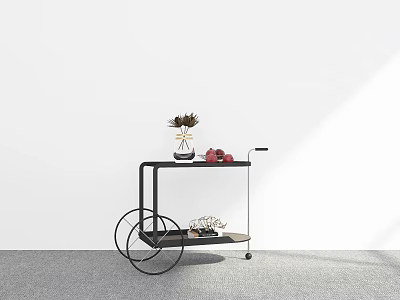 Modern Black Two Tier Trolley With Decorative Vase Dried Flowers And Wheels 3d model