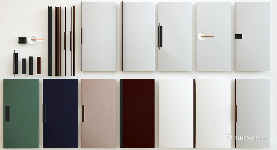 Modern Cabinet Handles On Various Color Panels With Contemporary Design And Metal Details 3d model 