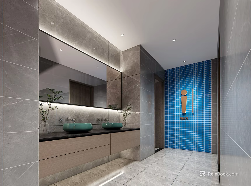 Public Restroom Interior With Gray Walls Blue Tiled Wall Double Sinks And Large Mirror 3d model 