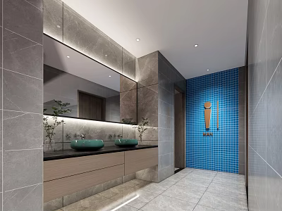 Public Restroom Interior With Gray Walls Blue Tiled Wall Double Sinks And Large Mirror 3d model