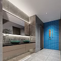 Public Restroom Interior With Gray Walls Blue Tiled Wall Double Sinks And Large Mirror