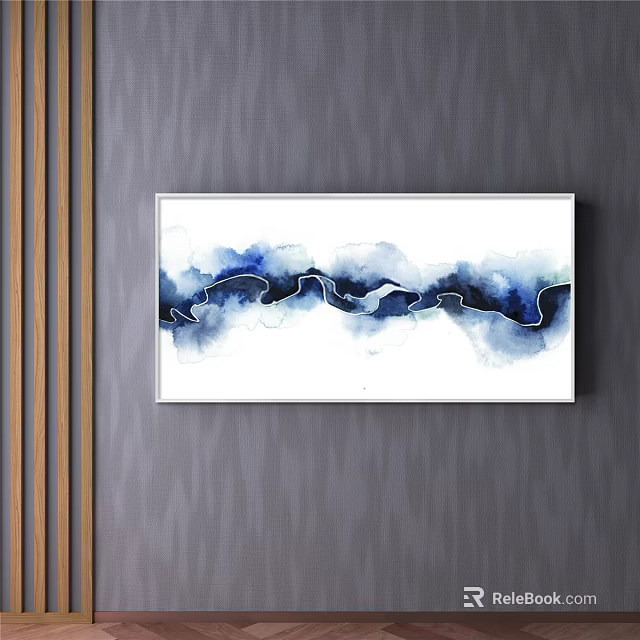 Abstract Blue White Ink Painting Wall Art Hanging on Textured Gray Wall 3d model 