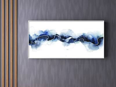 Abstract Blue White Ink Painting Wall Art Hanging on Textured Gray Wall 3d model