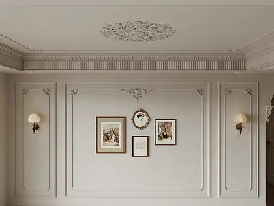 Classic Interior Wall Featuring Decorative Lines Ceiling Medallion Wall Sconces And Framed Artworks 3d model