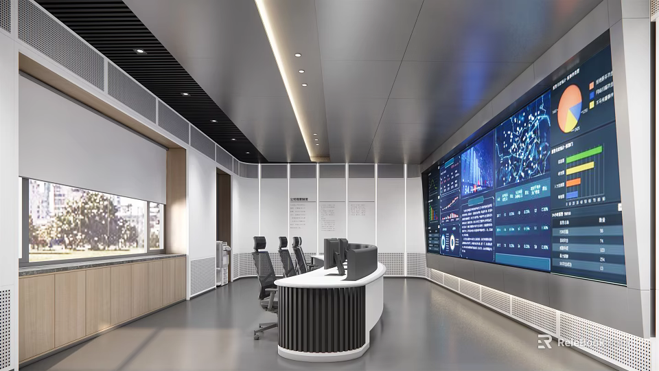 Modern Monitoring Room with Large Digital Screens Control Desk and Ergonomic Chairs 3d model 