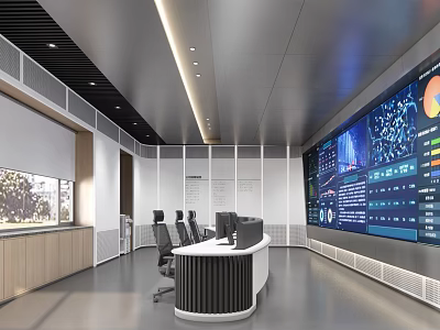 Modern Monitoring Room with Large Digital Screens Control Desk and Ergonomic Chairs 3d model