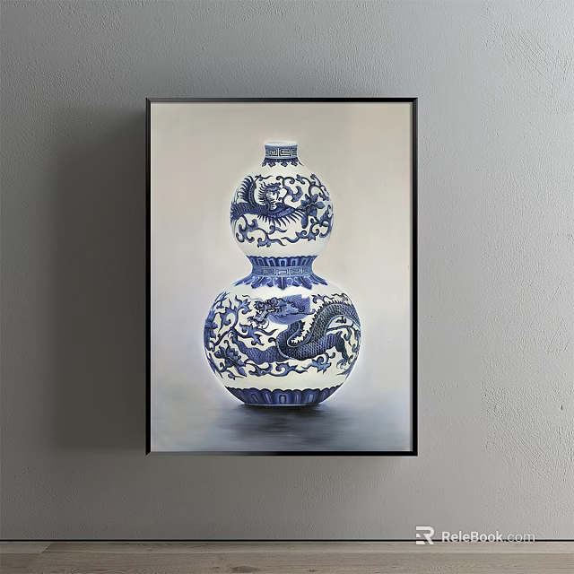 Traditional Blue And White Porcelain Gourd Vase With Dragon Patterns Hanging On Wall 3d model 