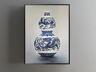 Traditional Blue And White Porcelain Gourd Vase With Dragon Patterns Hanging On Wall 3d model