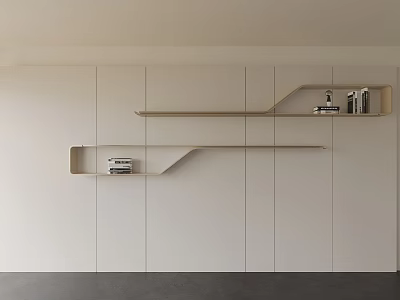 Modern Minimalist Wall Bookshelf With Wooden Geometric Shelves And Stacked Books 3d model