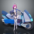 Futuristic Blue And White Motorcycle With Pink Haired Character Holding Helmet