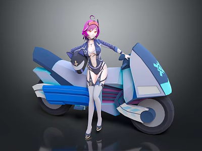 Futuristic Blue And White Motorcycle With Pink Haired Character Holding Helmet 3d model