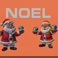 Two Santa Claus Characters Holding Blue Snow Globes On Orange NOEL Background 3d model