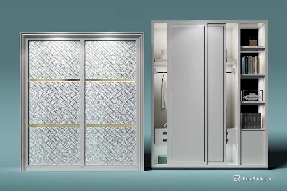 Modern Sliding Door Wardrobe With Grid Design Golden Lines And Internal Hanging Space Drawers 3d model 
