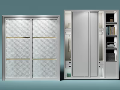 Modern Sliding Door Wardrobe With Grid Design Golden Lines And Internal Hanging Space Drawers 3d model