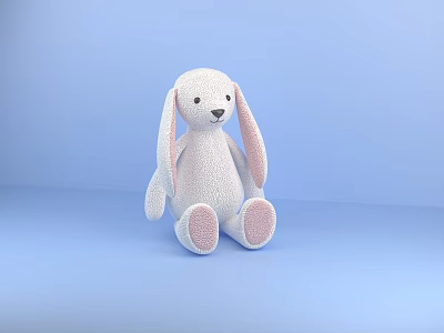 White Rabbit Stuffed Toy with Pink Inner Ears and Paws on Light Blue Background 3d model