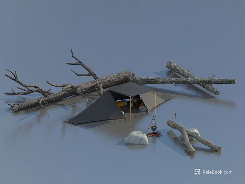 Outdoor Camping Tent Setup With Dry Branches Logs Stone And Camping Gear 3d model 