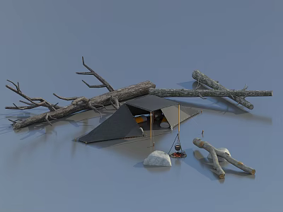 Outdoor Camping Tent Setup With Dry Branches Logs Stone And Camping Gear 3d model