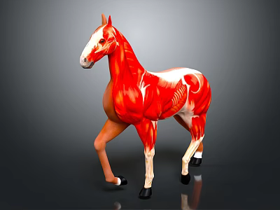 Detailed Horse Muscle Anatomy Model With Red Muscles And White Brown Body On Gray Background 3d model