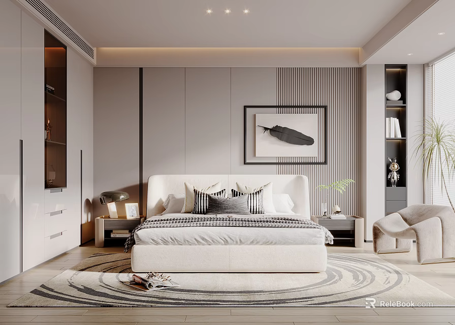 Modern Bedroom Interior With White Bed Striped Bedding Feather Artwork And Striped Accent Wall 3d model 