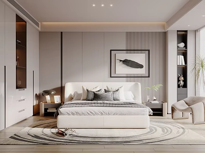 Modern Bedroom Interior With White Bed Striped Bedding Feather Artwork And Striped Accent Wall 3d model