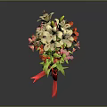 Bouquet of Red and Pink Flowers with Green Stems and Leaves and Red Ribbon